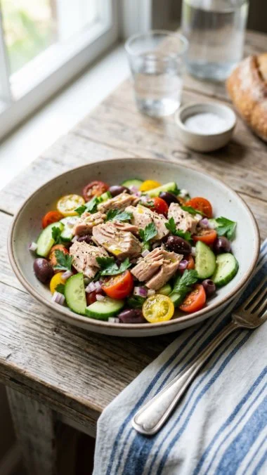 Mediterranean tuna salad with fresh vegetables and herbs in a bowl