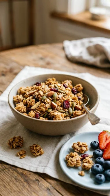 Bowl of homemade oil-free granola topped with fresh fruits and nuts