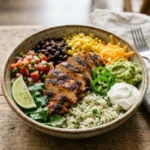 One-Pan Chicken Burrito Bowl with fresh ingredients