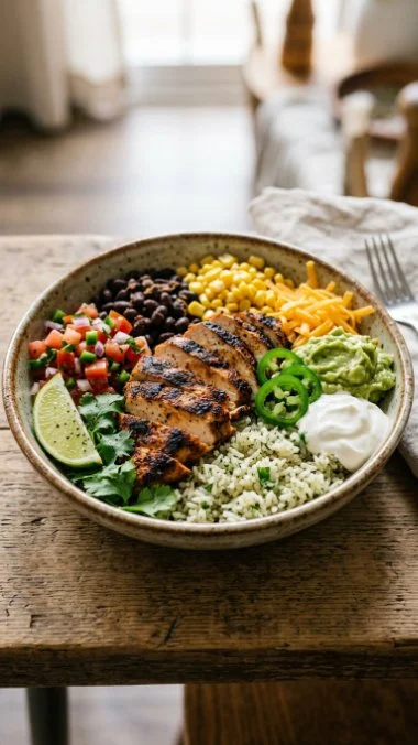 One-Pan Chicken Burrito Bowl with fresh ingredients