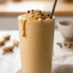Creamy peanut butter protein smoothie in a glass, topped with banana slices.