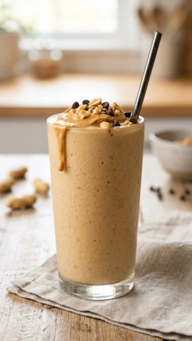 Creamy peanut butter protein smoothie in a glass, topped with banana slices.