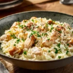 Creamy chicken and rice cooked in a pot for a comforting meal