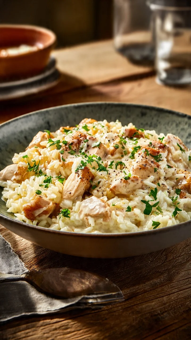 Creamy chicken and rice cooked in a pot for a comforting meal