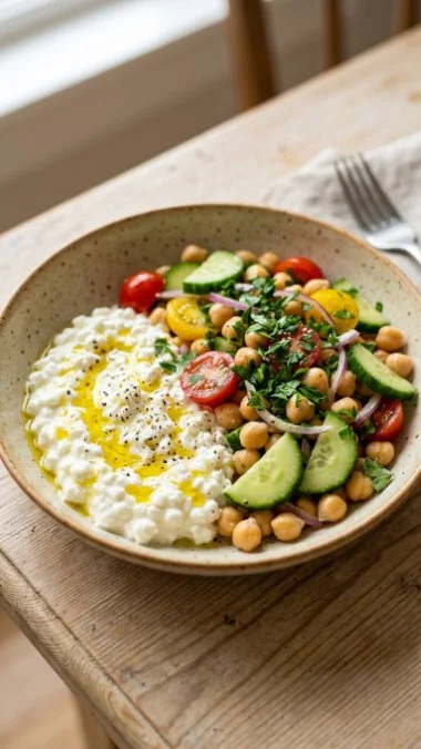 Protein-packed Cottage Cheese and Chickpeas Salad in a colorful bowl