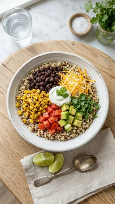 Healthy quinoa taco bowl with fresh vegetables and toppings