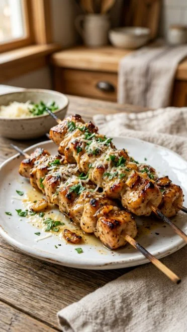 Ranch Garlic Parmesan Chicken Skewers on a platter, garnished with parsley