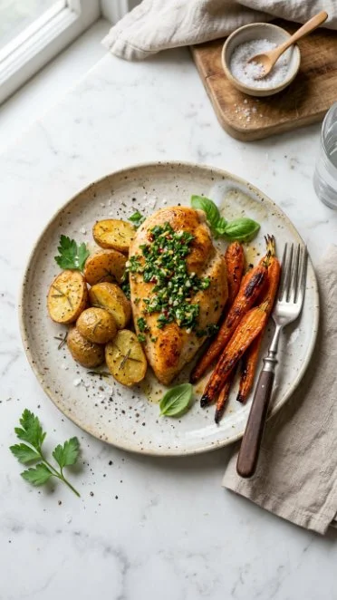 Roasted chicken served with colorful veggies and herb vinaigrette