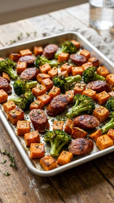 Roasted sweet potatoes, sausage, and broccoli on a sheet pan meal