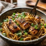 Sesame Chicken Noodle Bowl garnished with vegetables and sesame seeds.