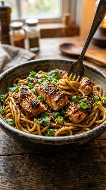 Sesame Chicken Noodle Bowl garnished with vegetables and sesame seeds.