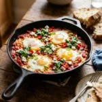 Delicious Shakshuka served in a skillet with eggs and tomato sauce