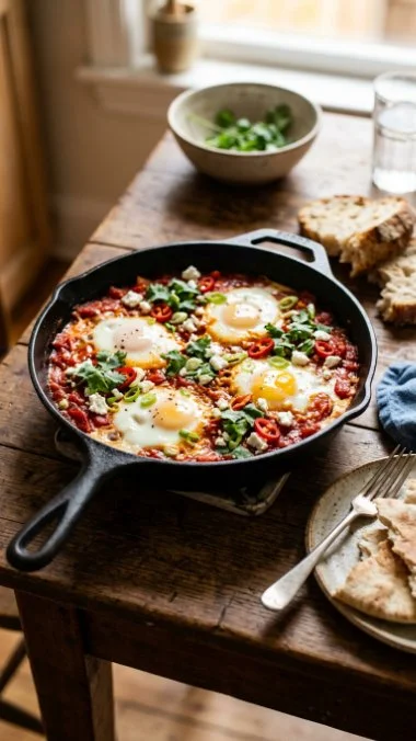 Delicious Shakshuka served in a skillet with eggs and tomato sauce