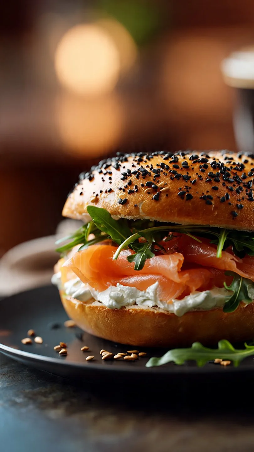 Smoked salmon and cream cheese bagel topped with fresh herbs
