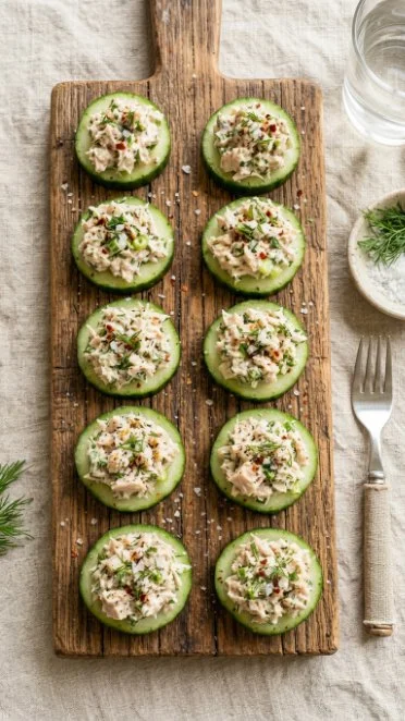 Spicy tuna cucumber bites served on a wooden platter