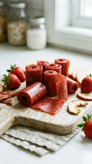 Strawberry Apple fruit leather rolls displayed on a wooden board.