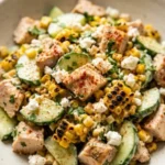 Creamy cucumber chicken salad with street corn, topped with herbs and spices.