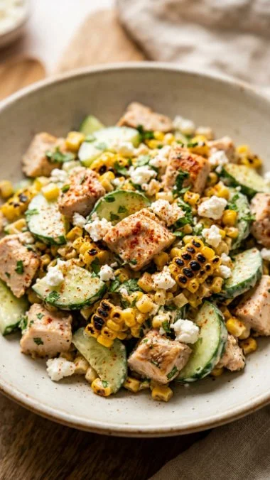 Creamy cucumber chicken salad with street corn, topped with herbs and spices.