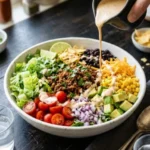 Taco Salad topped with Chipotle Ranch Dressing served in a bowl