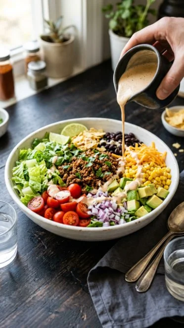 Taco Salad topped with Chipotle Ranch Dressing served in a bowl