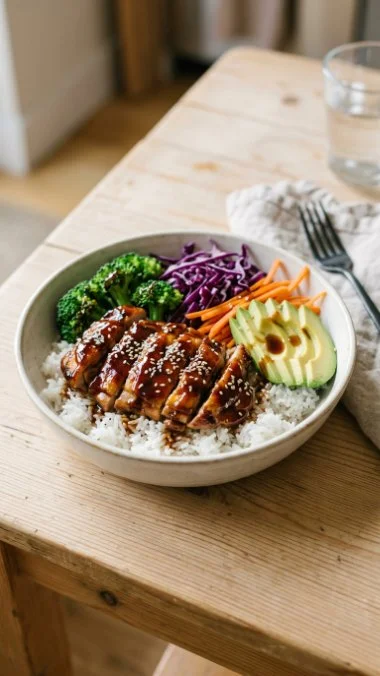 Delicious teriyaki chicken rice bowls topped with fresh vegetables and sauce