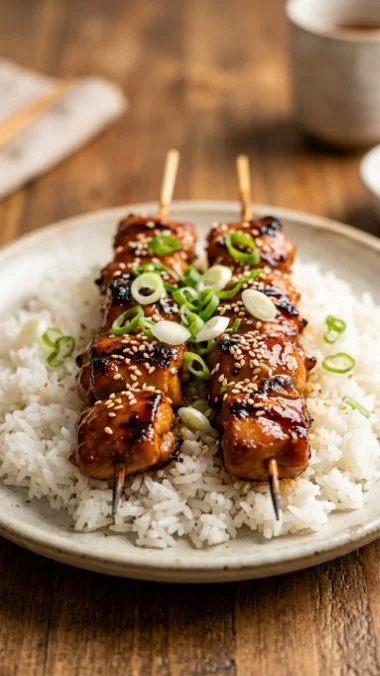 Delicious teriyaki chicken skewers served on a plate with vegetables.