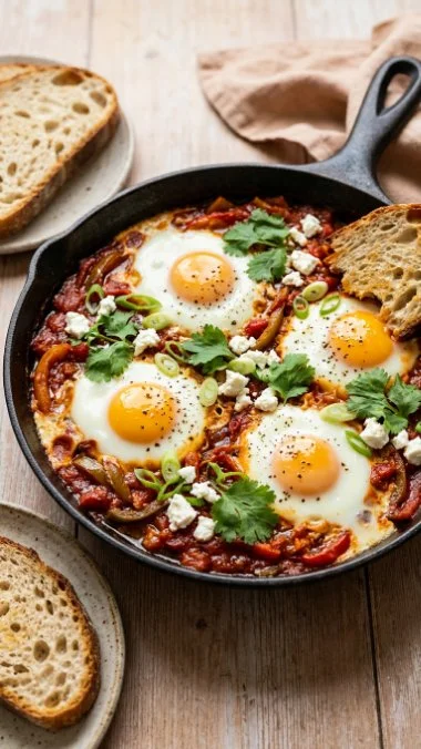 Delicious shakshuka served in a skillet, perfect for a healthy breakfast.