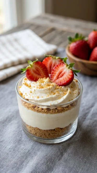 Delicious high protein cheesecake fluff served in a bowl with toppings