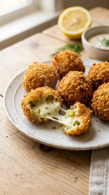 Plate of keto fried pickle balls with beef bacon, a delicious low-carb snack