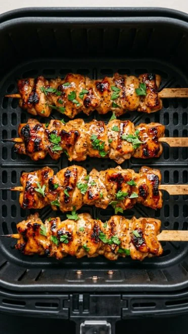 Air Fryer Bang Bang Chicken Skewers served with dipping sauce