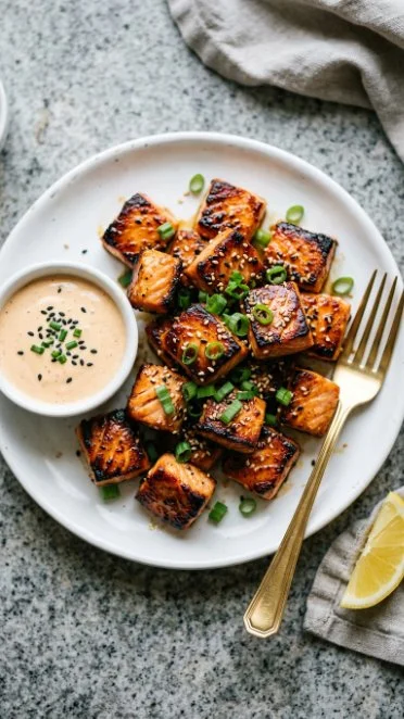 Crispy air fryer salmon bites served with dipping sauce