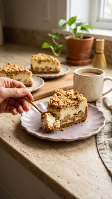 Slice of delicious Apple Crumble Cheesecake with apple topping and crumb crust