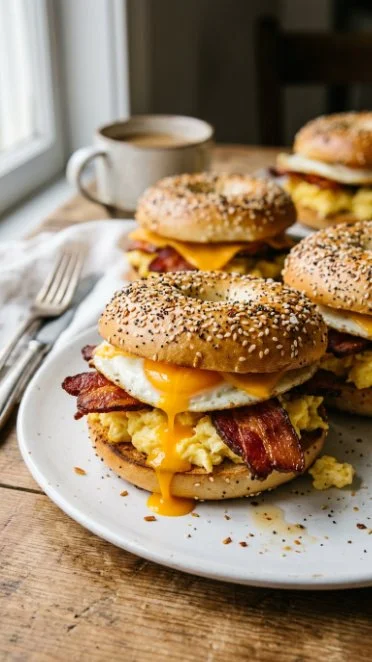 Bagel breakfast sliders with eggs, cheese, and ham served on a platter