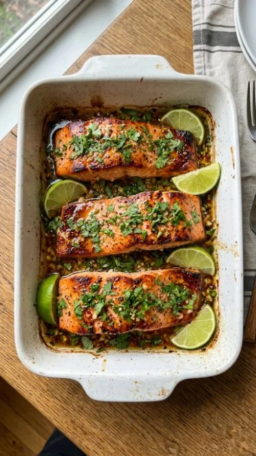 Baked Honey Lime Garlic Butter Salmon served with fresh herbs and lime wedges