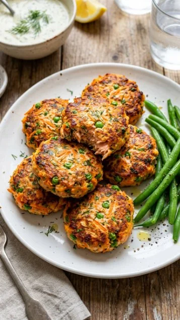 Delicious baked salmon patties served on a plate with fresh herbs.