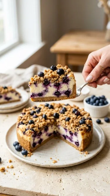 Delicious blueberry cheesecake topped with fresh blueberries