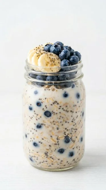 Blueberry Chia Overnight Oats in a glass jar with fresh berries on top
