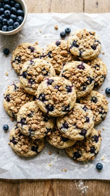 Blueberry crumble cookies with a golden topping on a rustic background