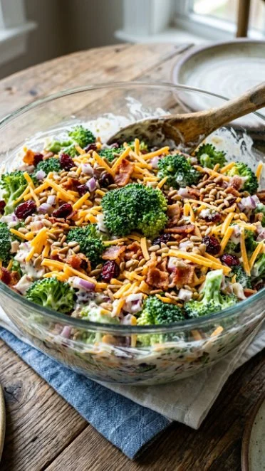 Colorful and fresh Broccoli Salad with nuts and dressing served in a bowl.