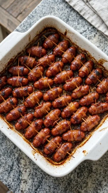 Brown Sugar Bacon Little Smokies appetizer on a serving platter