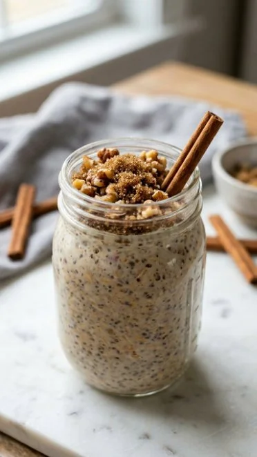Bowl of brown sugar overnight oats topped with fruits and nuts