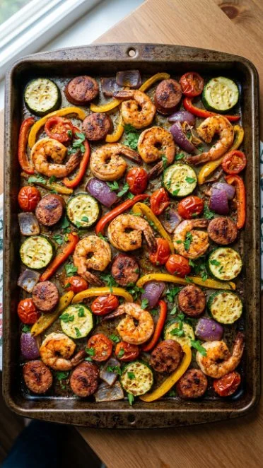 Cajun Shrimp and Sausage sheet pan meal with colorful vegetables
