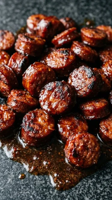 Delicious candied kielbasa bites served on a platter for a tasty snack