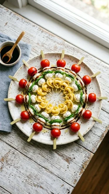 Caprese Skewers with Tortellini featuring fresh tomatoes, mozzarella, and basil