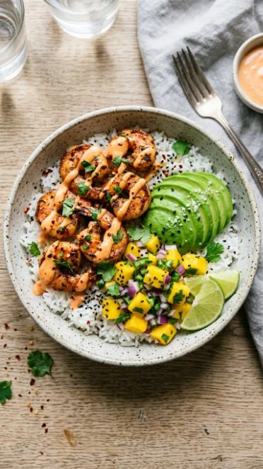 Charred shrimp avocado bowl garnished with fresh vegetables and lime