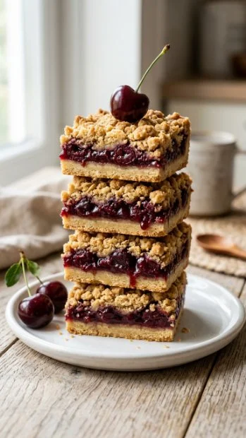 Delicious cherry pie crumb bars with a crumbly topping and fresh cherry filling.