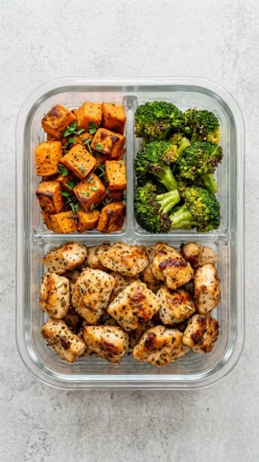 Healthy chicken and sweet potato meal prep containers ready for the week