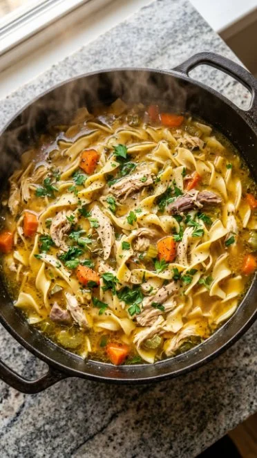 Bowl of homemade chicken noodle soup with vegetables and herbs.