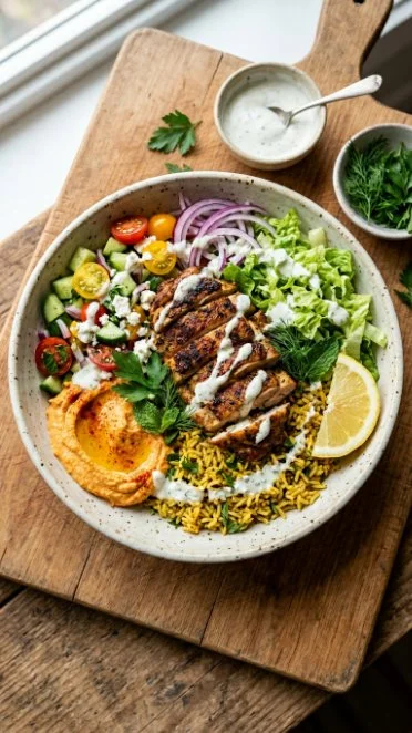 Delicious chicken shawarma bowl with fresh ingredients and vibrant flavors