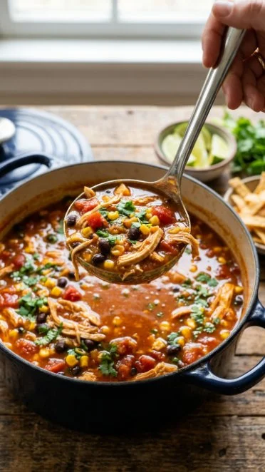 Delicious Chicken Tortilla Soup with toppings in a bowl.